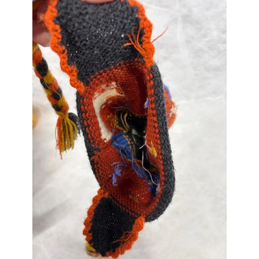 Vintage Hand Knit Kids Chullo Hat‎ Earflaps Tassels Folk Art House Bird Orange